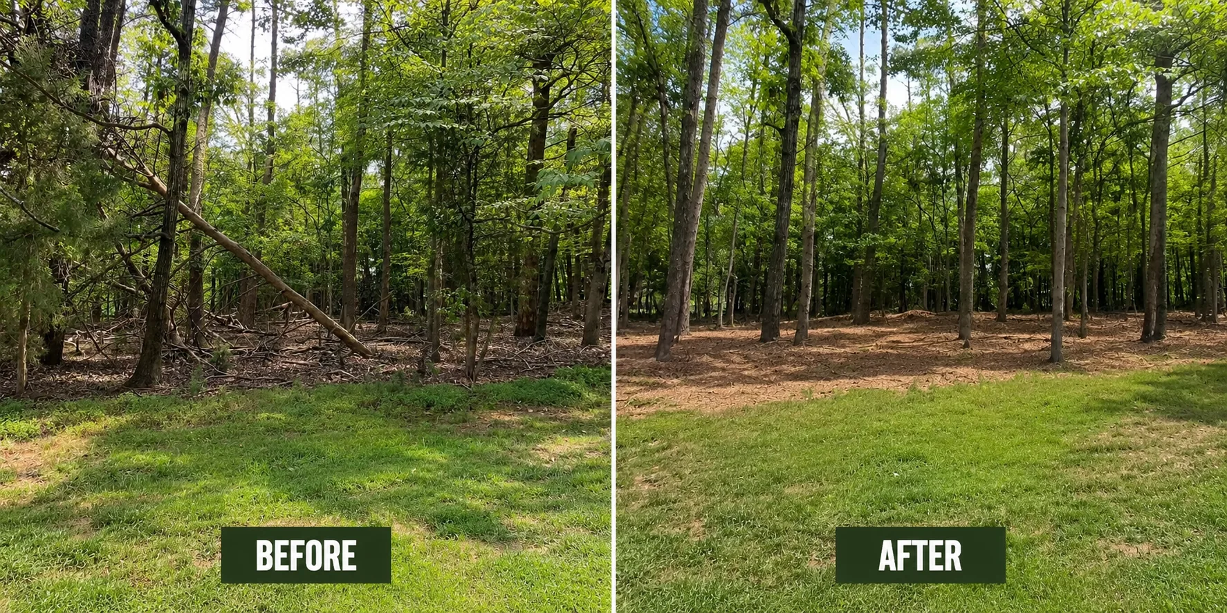 Before and after view of brush and property cleanup by Friendly Tree Service.